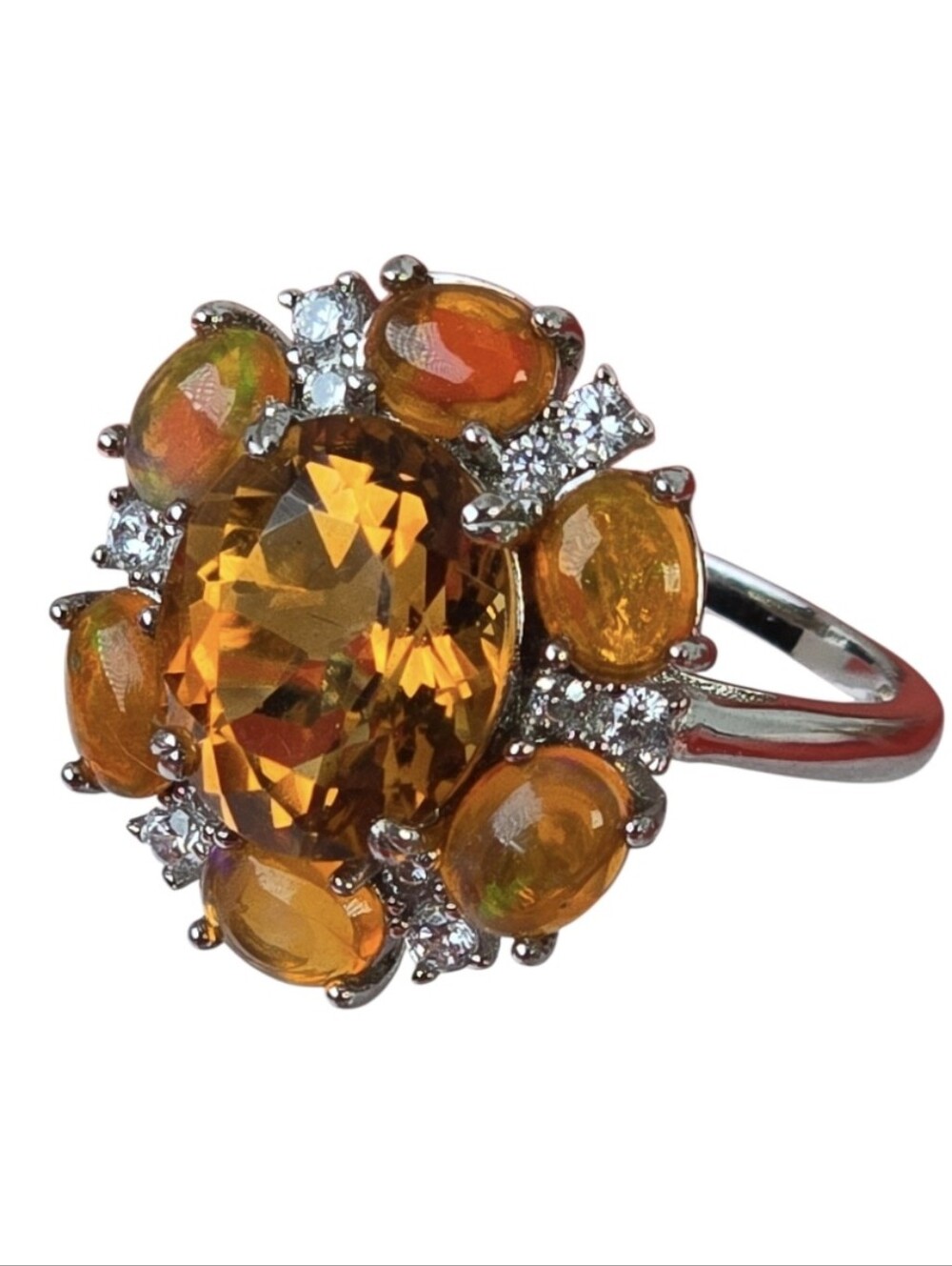 925 Sterling Silver Ring SZ 7 with Natural Citrine & Orange Opal Gems